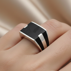 92.5 Silver Black Enamel Dual-Stripe Signet Ring