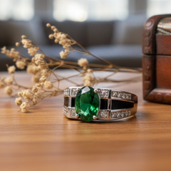 92.5 Silver Emerald Green Stone Ring