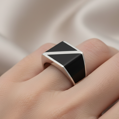 92.5 Silver Black Onyx Geometric Statement Ring