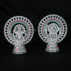 Silver Lakshmi Ganesh Idol Pair with Ruby & Emerald Accents