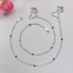 Sterling Silver Payal with Red & Green Stone Accents