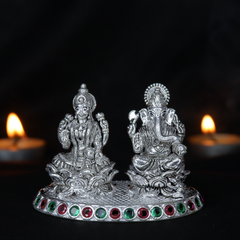 Silver Lakshmi Ganesh Idol Pair Seated on Single Platform
