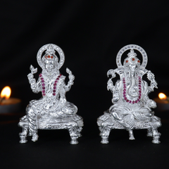 Silver Lakshmi Ganesh Idol Pair Seated on Bajot