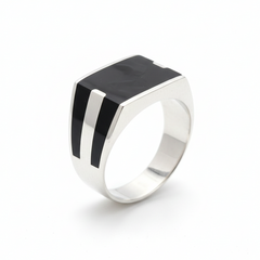 92.5 Silver Black Enamel Dual-Stripe Signet Ring