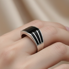 92.5 Silver Black Enamel Stripes Band Ring