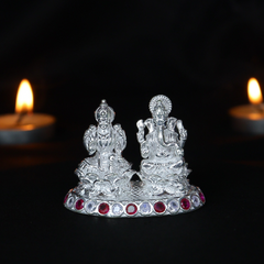 Silver Lakshmi Ganesh Idol Pair Seated on Single Platform