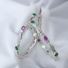 Silver Bangles with Green & Pink Stones