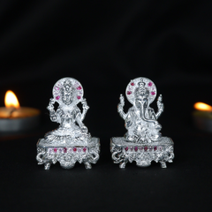 Silver Lakshmi Ganesh Idol Pair on Throne with Ruby Stones