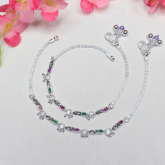 Twisted Silver Payal with Purple & Green Stones