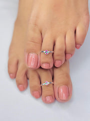 Silver Toe Rings with Pink & Green Stones